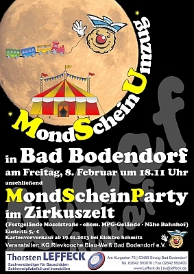 Plakat 'Ganz Bodendorf ist jeck! Jeck auf den Mondscheinumzug' mit Werbung von 'Thorsten Leffeck'